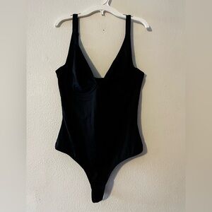 Black V-Neck Spandex Thong Bodysuit with Adjustable Straps Size Large